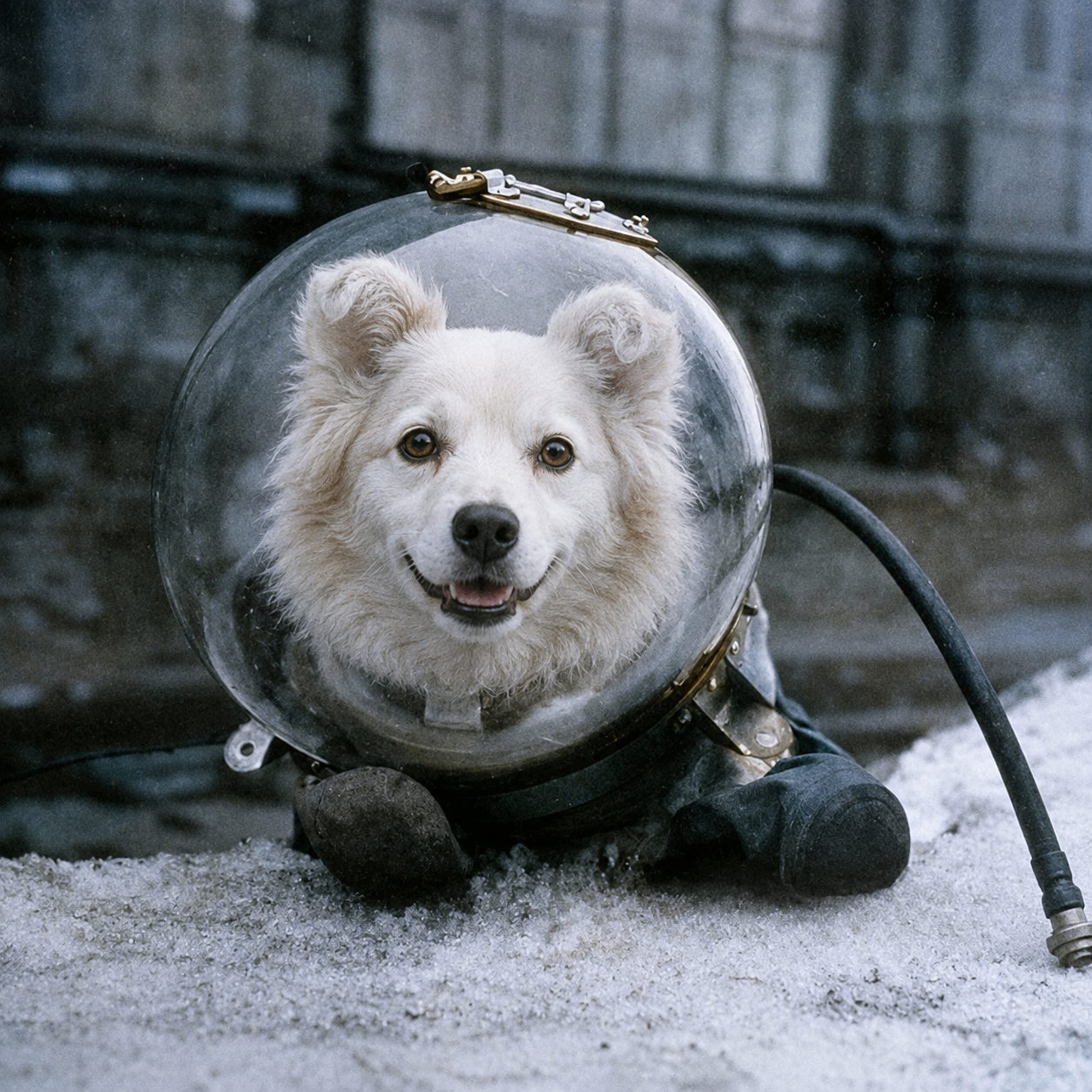 Belka, one of the first dogs to orbit Earth and return safely, wearing her space helmet